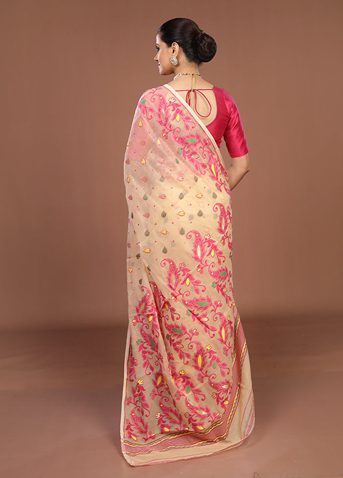 Cream Jamdani Cotton Saree Without Blouse Piece
