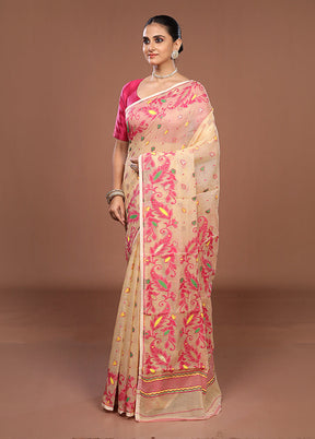 Cream Jamdani Cotton Saree Without Blouse Piece
