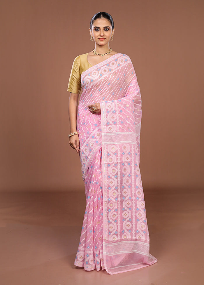 Pink Jamdani Cotton Saree Without Blouse Piece