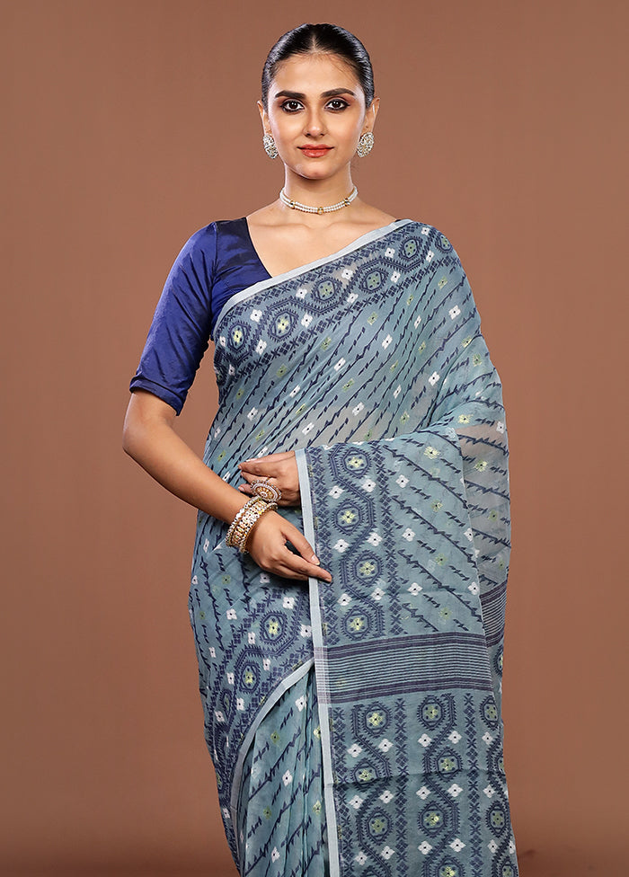 Blue Jamdani Cotton Saree Without Blouse Piece