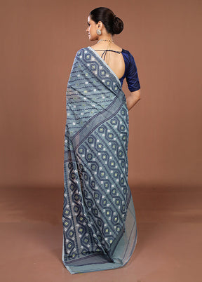 Blue Jamdani Cotton Saree Without Blouse Piece