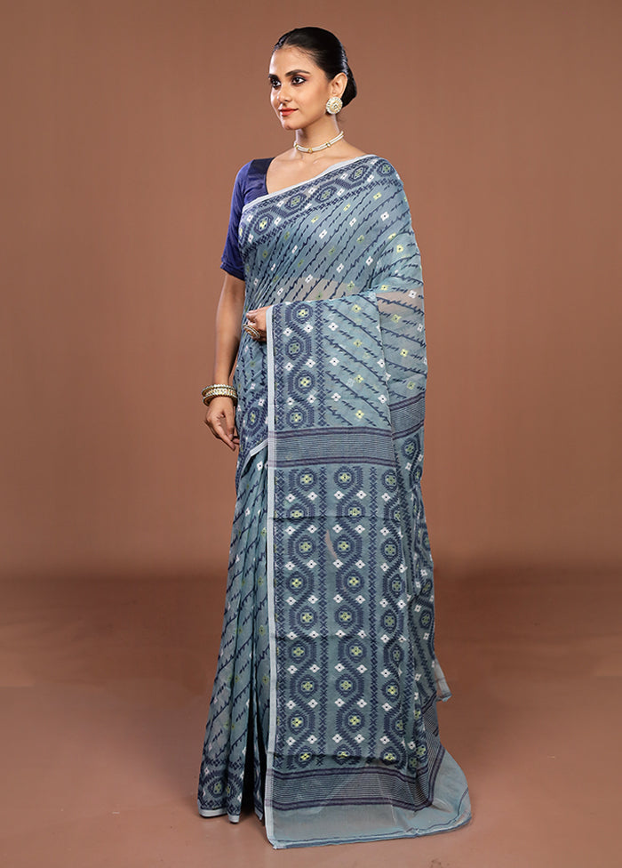 Blue Jamdani Cotton Saree Without Blouse Piece