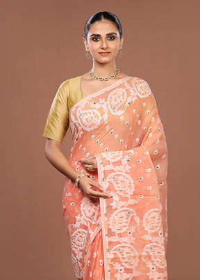Peach Jamdani Cotton Saree Without Blouse Piece