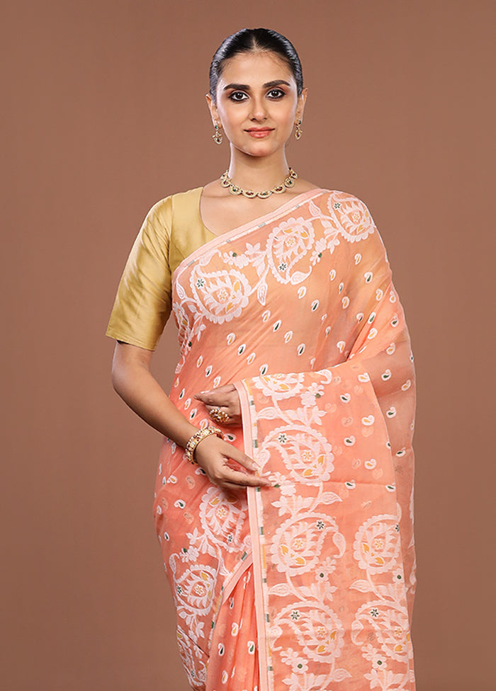 Peach Jamdani Cotton Saree Without Blouse Piece