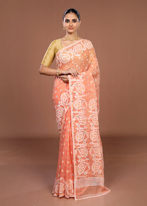 Peach Jamdani Cotton Saree Without Blouse Piece