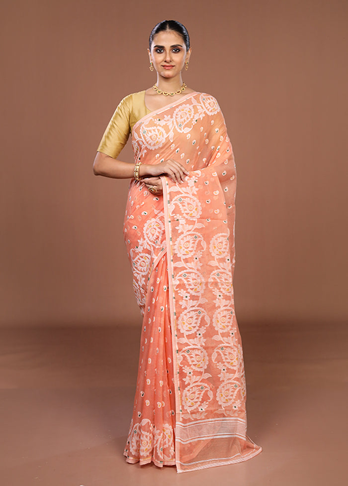 Peach Jamdani Cotton Saree Without Blouse Piece