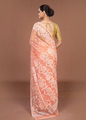 Peach Jamdani Cotton Saree Without Blouse Piece