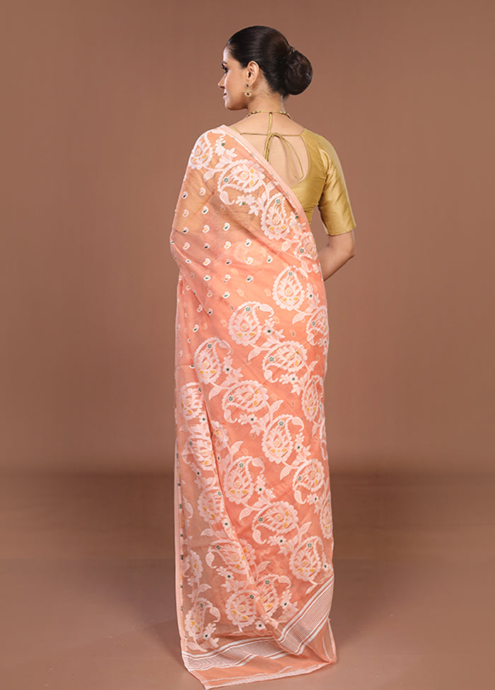 Peach Jamdani Cotton Saree Without Blouse Piece