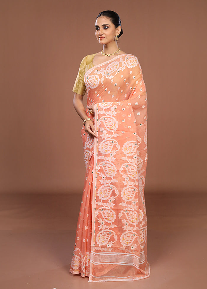 Peach Jamdani Cotton Saree Without Blouse Piece