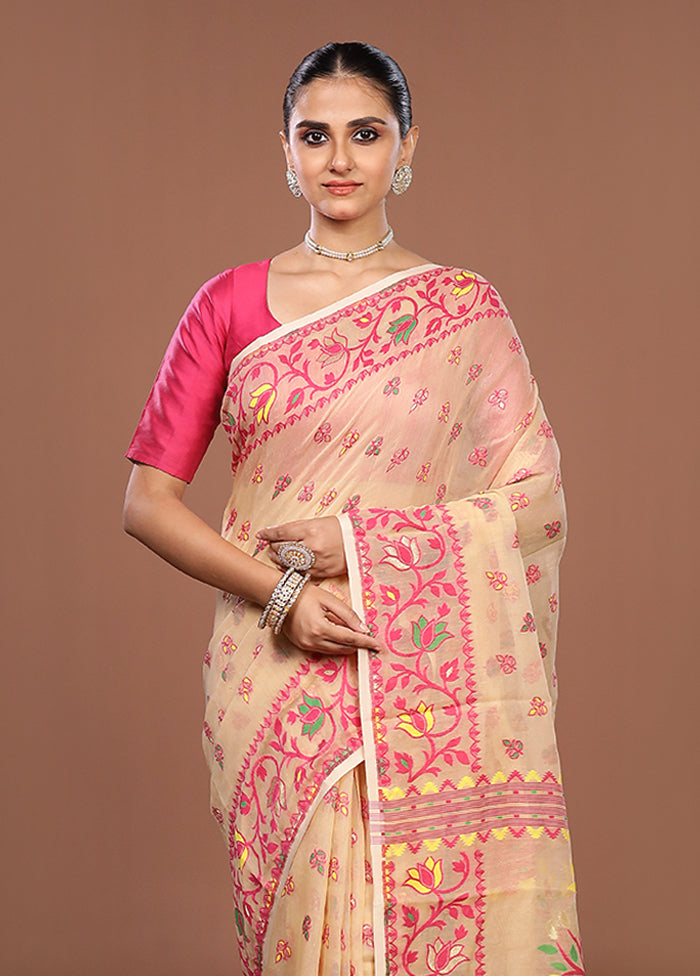 Cream Jamdani Cotton Saree Without Blouse Piece