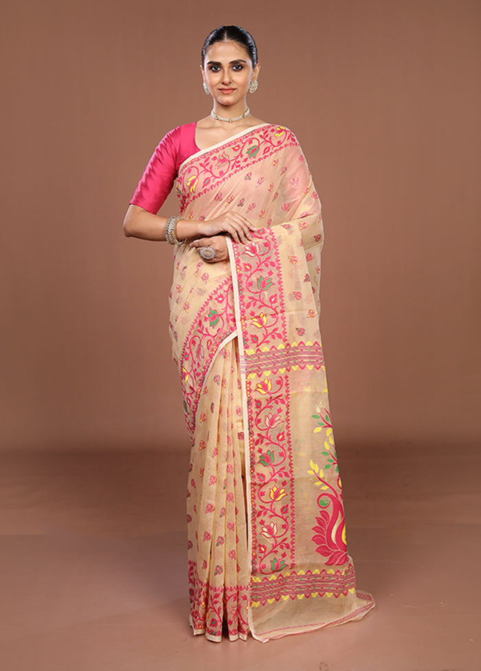 Cream Jamdani Cotton Saree Without Blouse Piece