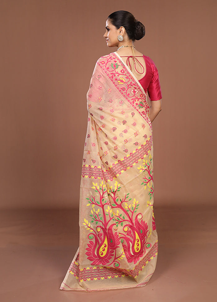 Cream Jamdani Cotton Saree Without Blouse Piece