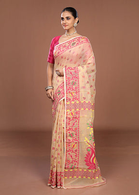 Cream Jamdani Cotton Saree Without Blouse Piece