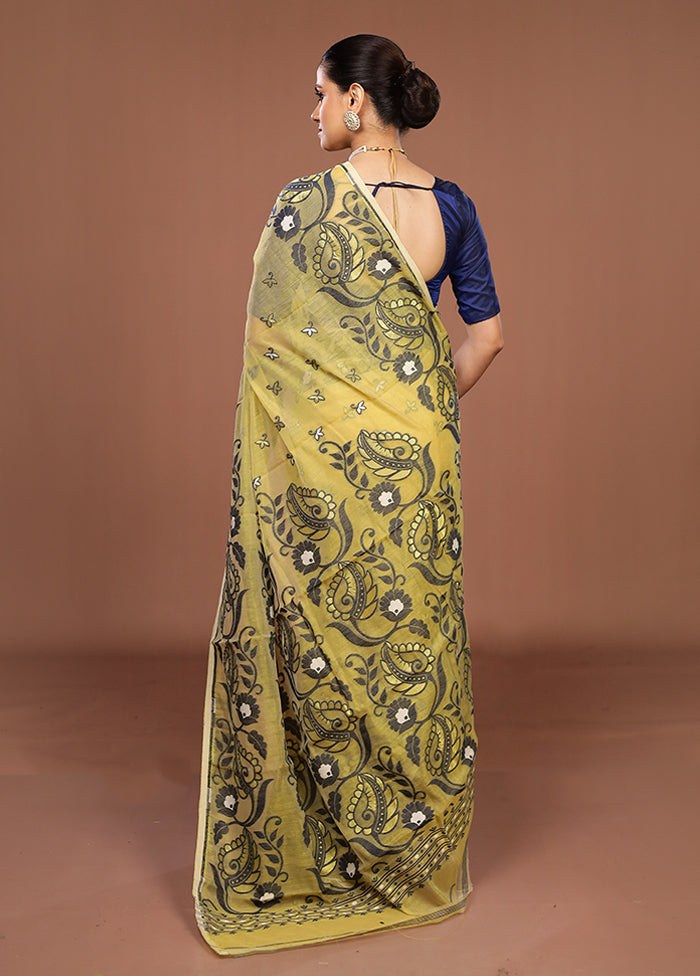 Yellow Jamdani Cotton Saree Without Blouse Piece