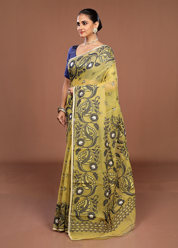Yellow Jamdani Cotton Saree Without Blouse Piece