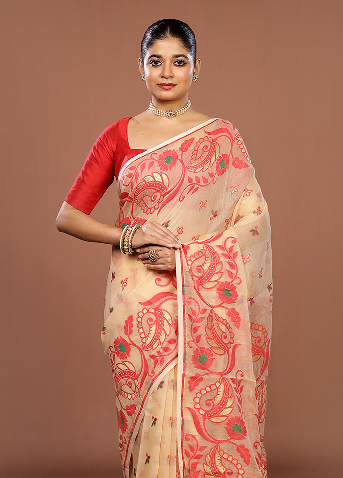 Cream Jamdani Cotton Saree Without Blouse Piece