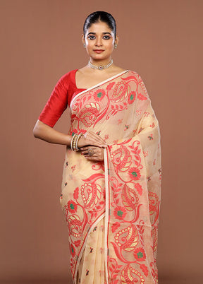 Cream Jamdani Cotton Saree Without Blouse Piece