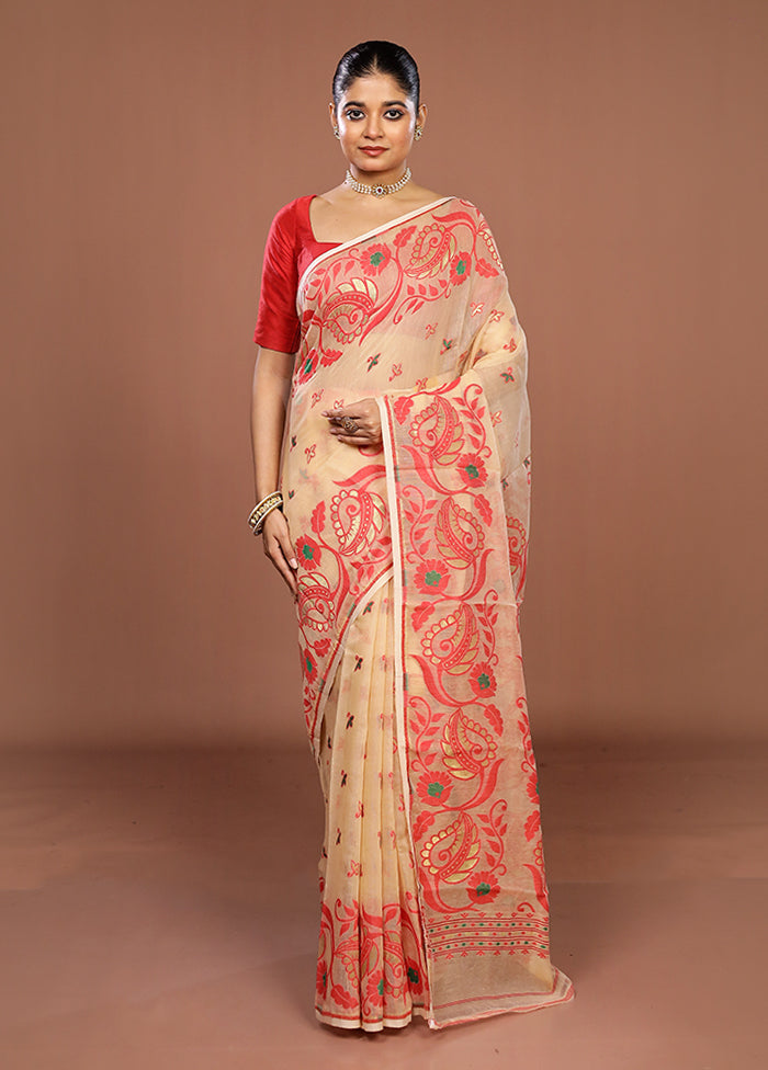 Cream Jamdani Cotton Saree Without Blouse Piece