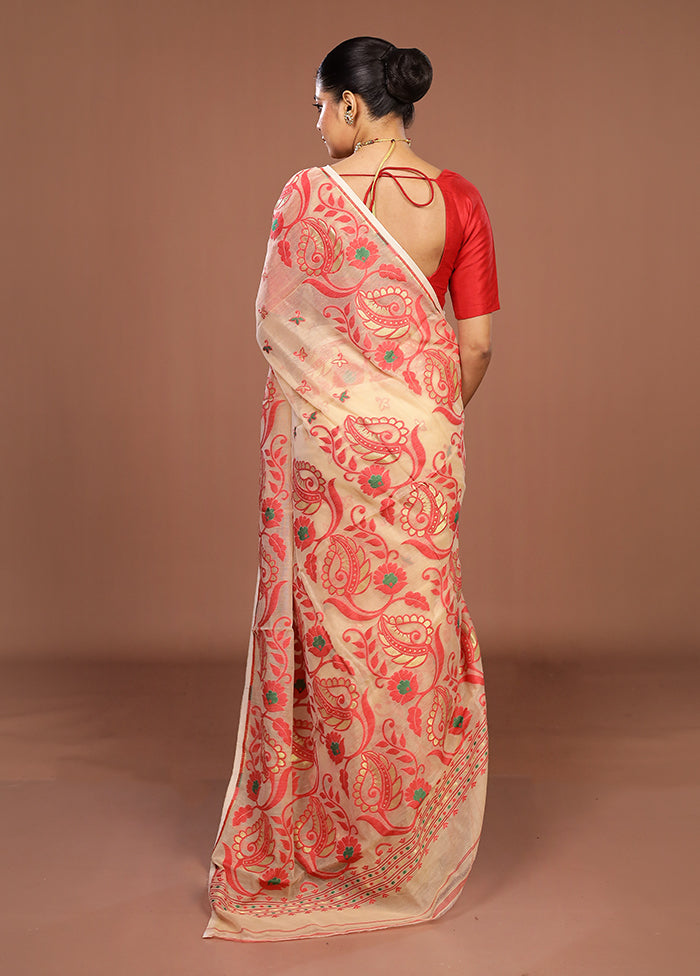 Cream Jamdani Cotton Saree Without Blouse Piece