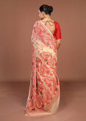 Cream Jamdani Cotton Saree Without Blouse Piece