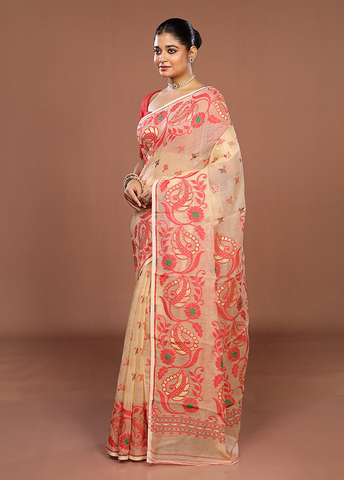 Cream Jamdani Cotton Saree Without Blouse Piece