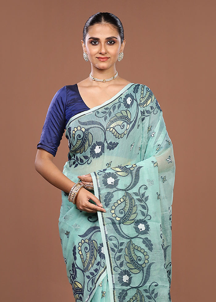 Green Jamdani Cotton Saree Without Blouse Piece
