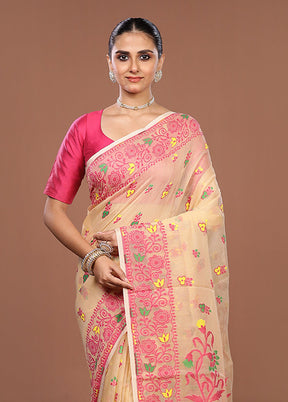 Cream Jamdani Cotton Saree Without Blouse Piece