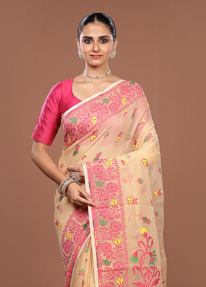 Cream Jamdani Cotton Saree Without Blouse Piece