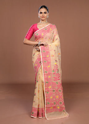 Cream Jamdani Cotton Saree Without Blouse Piece