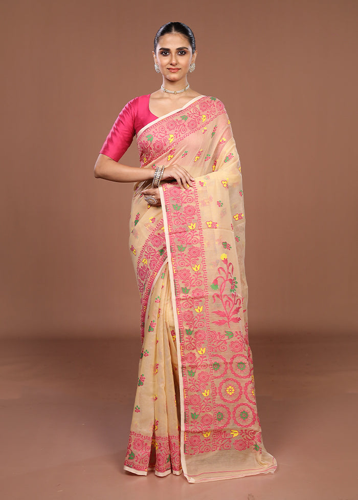 Cream Jamdani Cotton Saree Without Blouse Piece