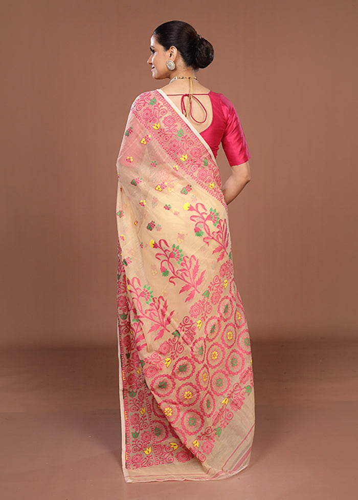 Cream Jamdani Cotton Saree Without Blouse Piece
