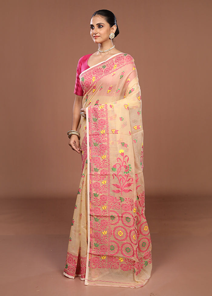 Cream Jamdani Cotton Saree Without Blouse Piece
