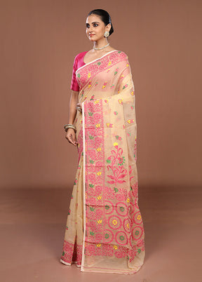 Cream Jamdani Cotton Saree Without Blouse Piece