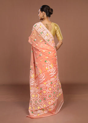 Peach Jamdani Cotton Saree Without Blouse Piece
