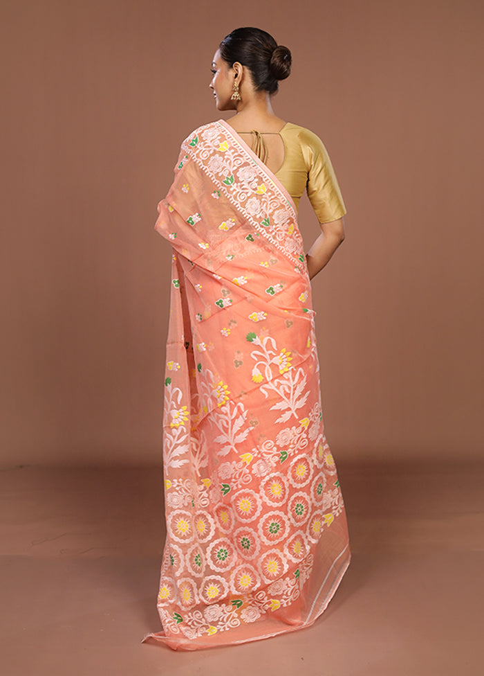 Peach Jamdani Cotton Saree Without Blouse Piece