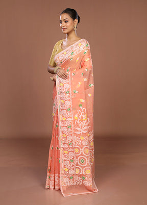 Peach Jamdani Cotton Saree Without Blouse Piece