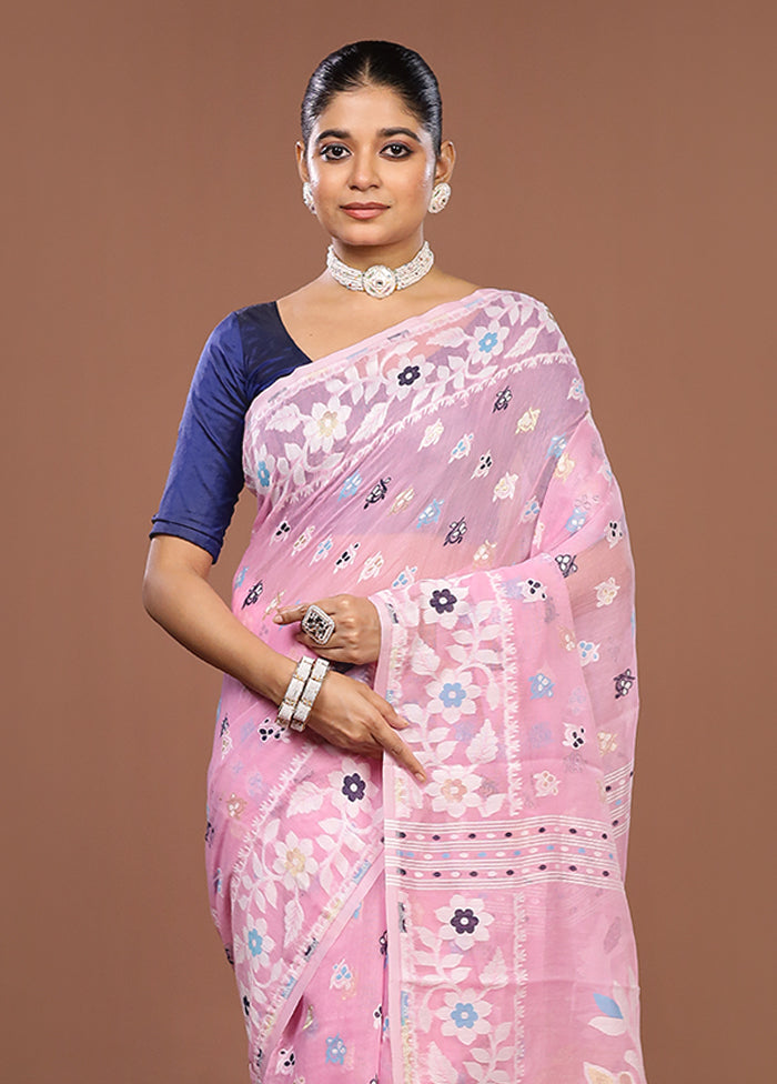 Pink Jamdani Cotton Saree Without Blouse Piece