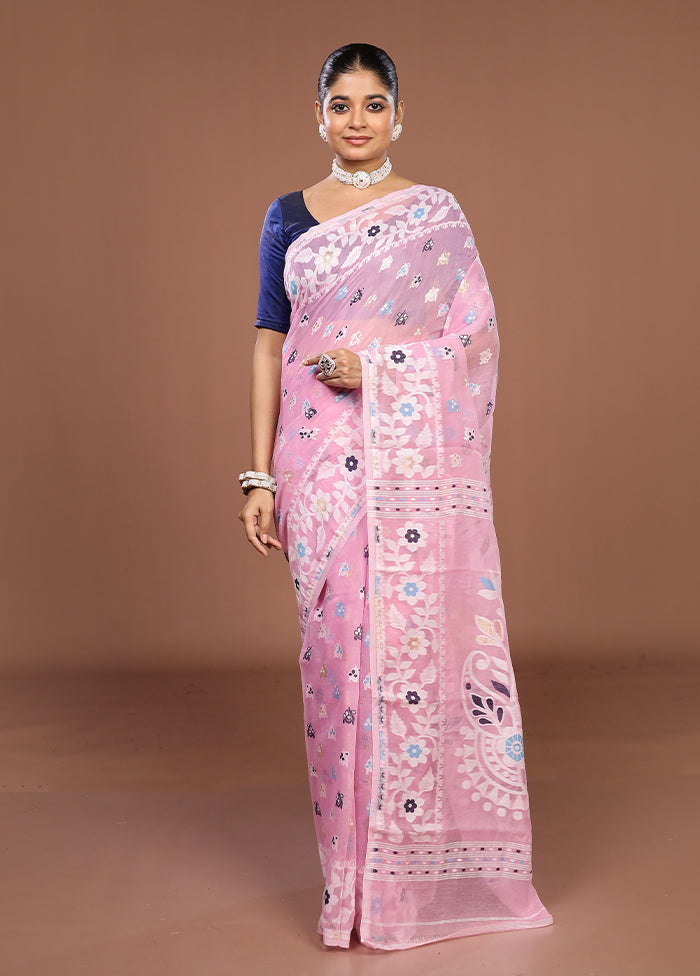 Pink Jamdani Cotton Saree Without Blouse Piece