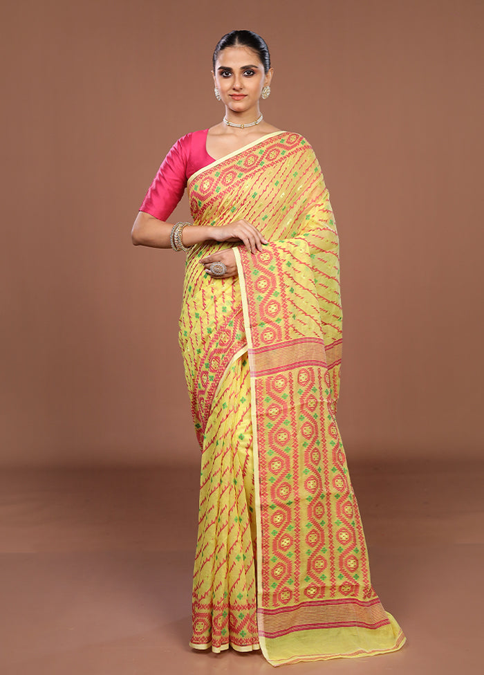 Yellow Jamdani Cotton Saree Without Blouse Piece
