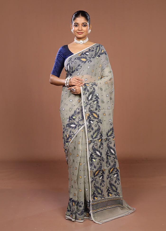 Grey Jamdani Cotton Saree Without Blouse Piece