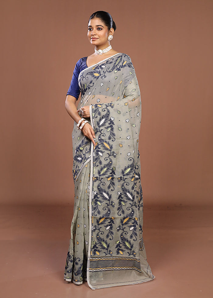 Grey Jamdani Cotton Saree Without Blouse Piece