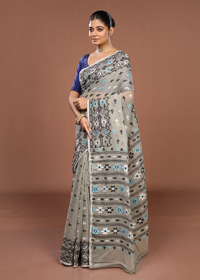 Grey Jamdani Cotton Saree Without Blouse Piece