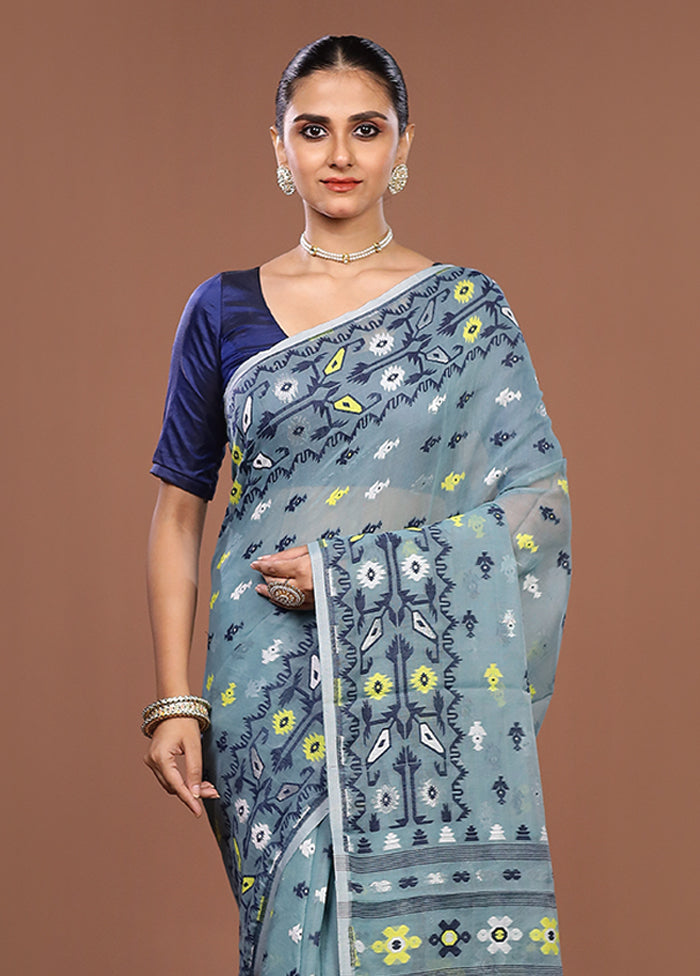 Blue Jamdani Cotton Saree Without Blouse Piece