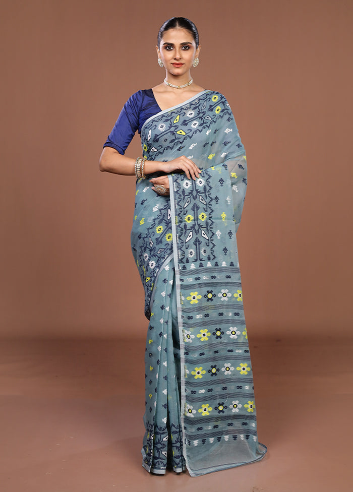 Blue Jamdani Cotton Saree Without Blouse Piece