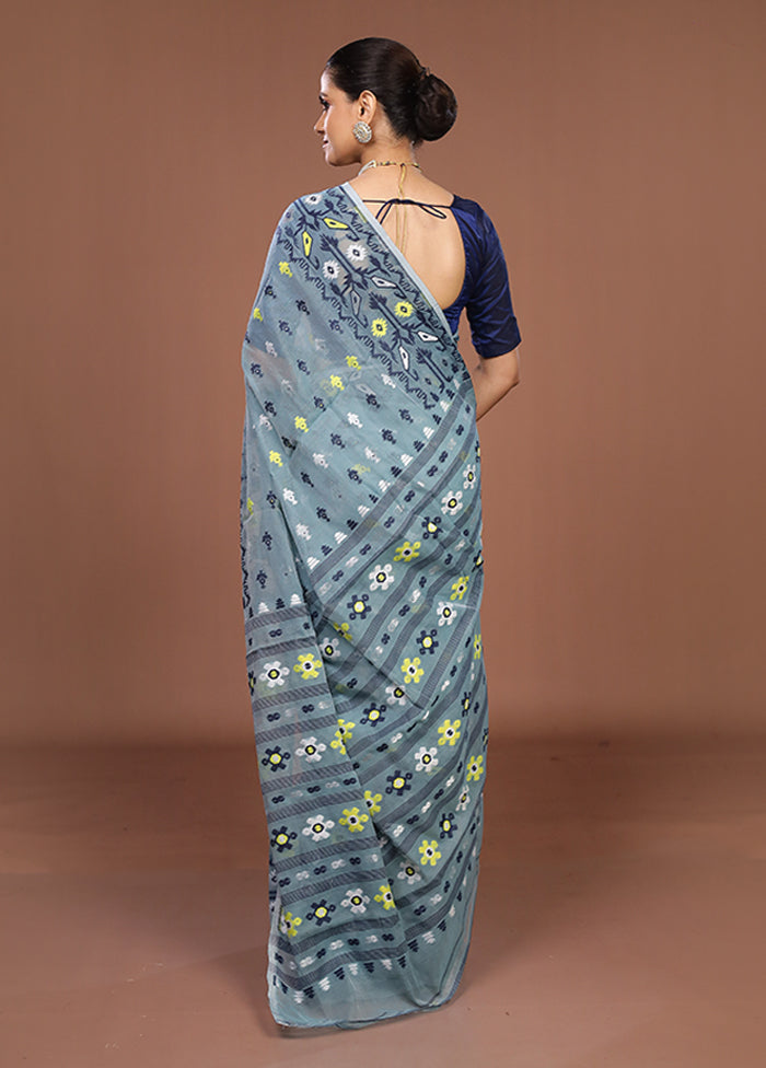 Blue Jamdani Cotton Saree Without Blouse Piece