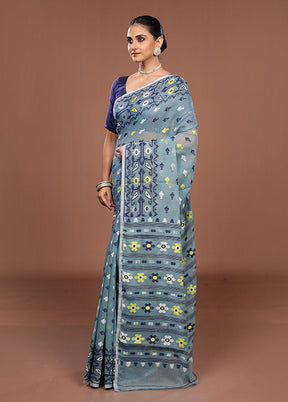 Blue Jamdani Cotton Saree Without Blouse Piece