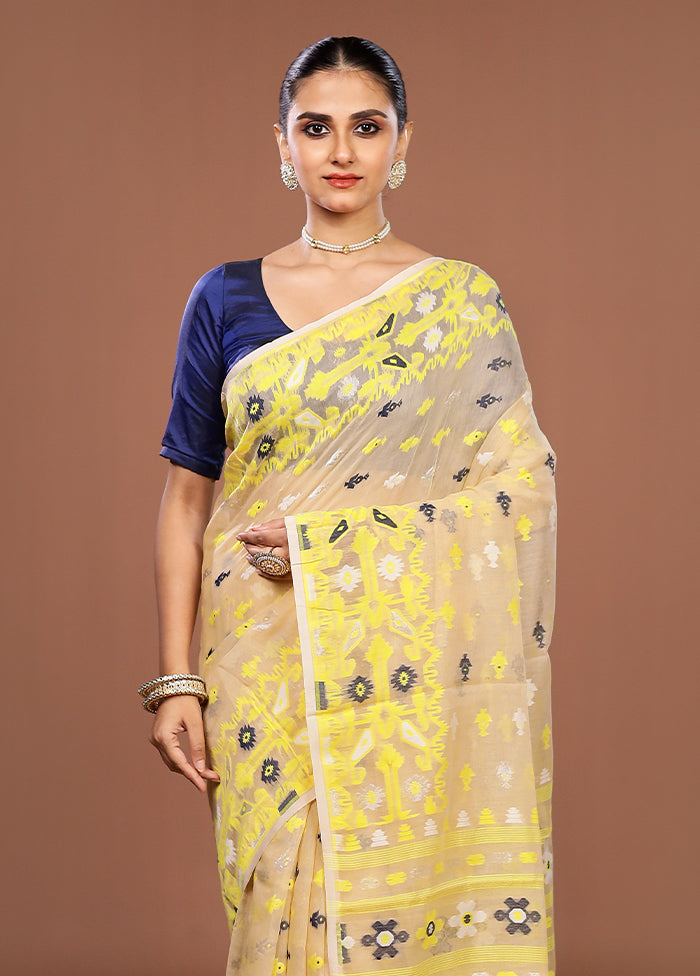 Cream Jamdani Cotton Saree Without Blouse Piece