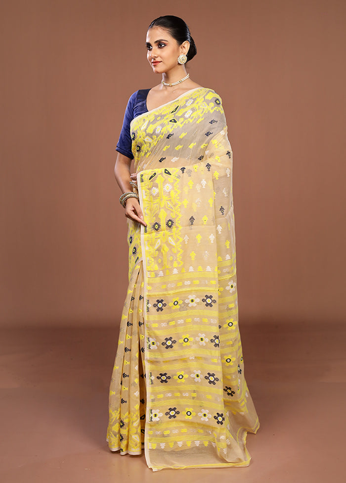 Cream Jamdani Cotton Saree Without Blouse Piece