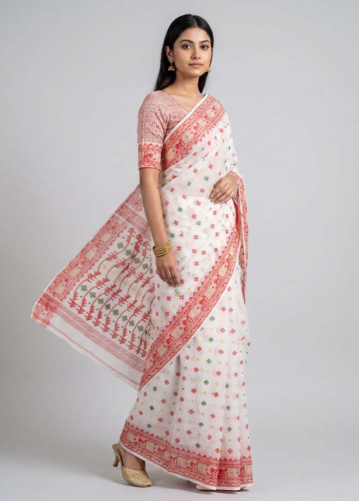 White Jamdani Cotton Saree Without Blouse Piece