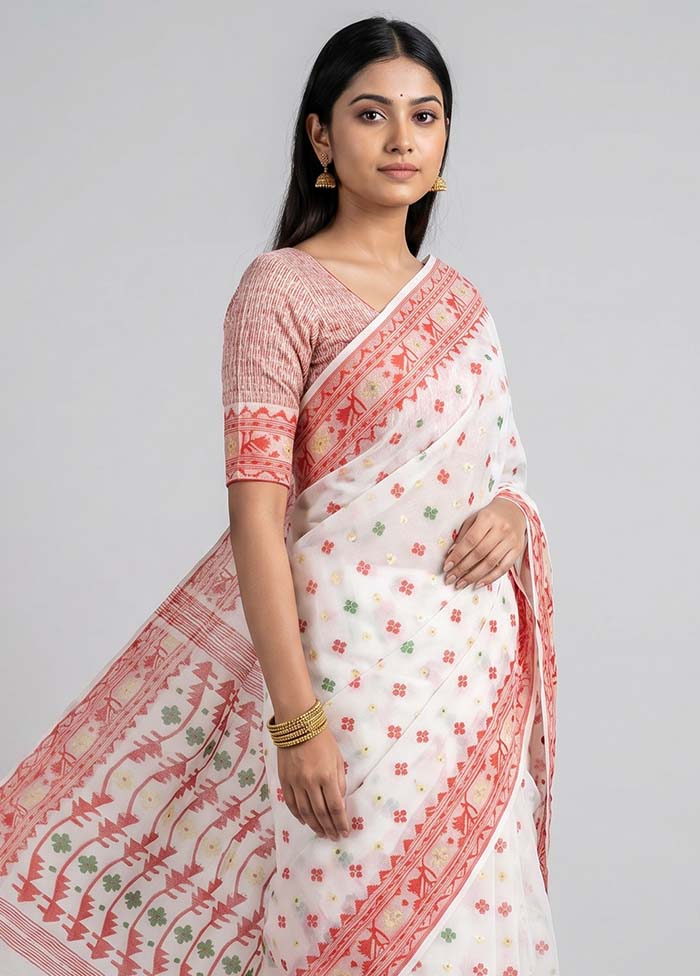 White Jamdani Cotton Saree Without Blouse Piece